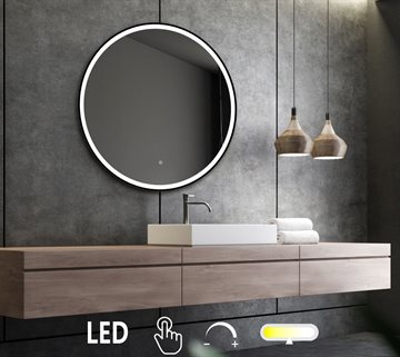 Rundt rammespejl i matsort med LED lys, front & lysstyring Ø60 